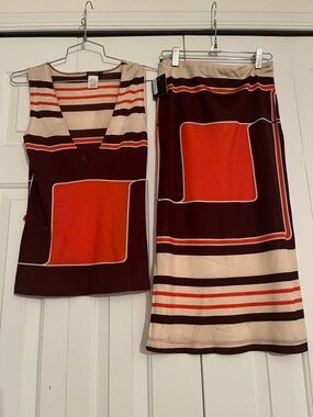 Y2K Vintage Luscious Colorblock Midi Skirt Set in Orange, Brown and Cream